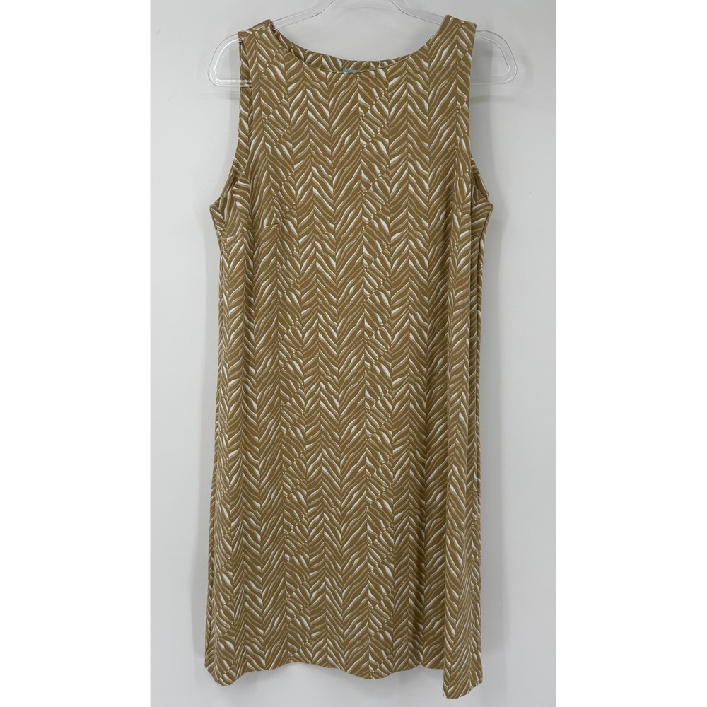 J.McLaughlin Tan White Chevron Palm Leaf Shift Dress Womens L Sleeveless Stretch